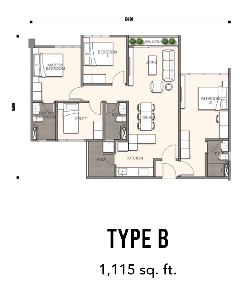 1,115 sq ft floor area with 4 bedrooms