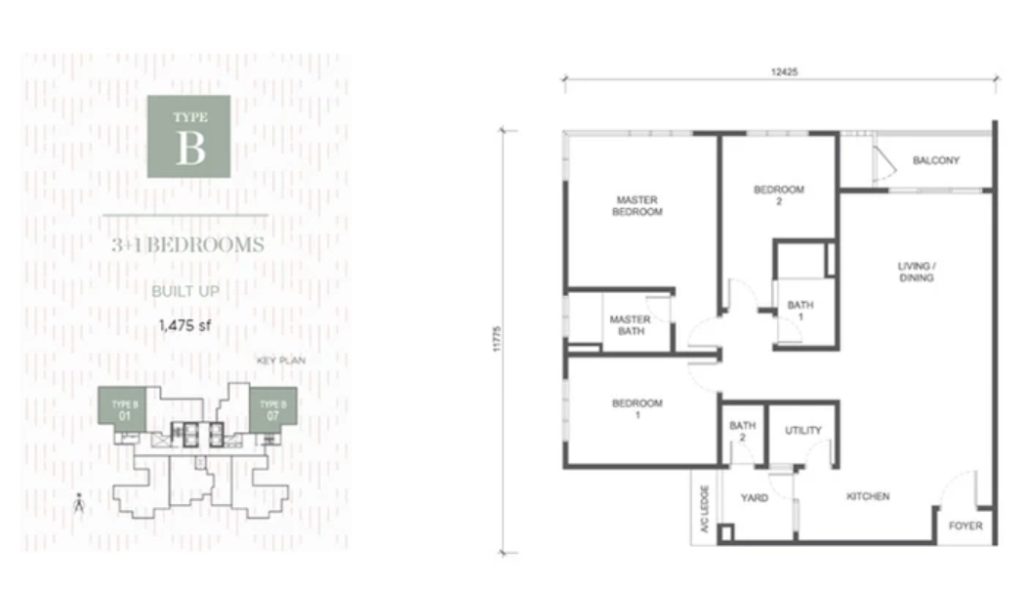 3+1 bedrooms Unit Layout - 1,475 sq ft