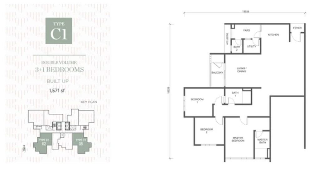 3+1 bedrooms layout - 1,571 sq ft built up