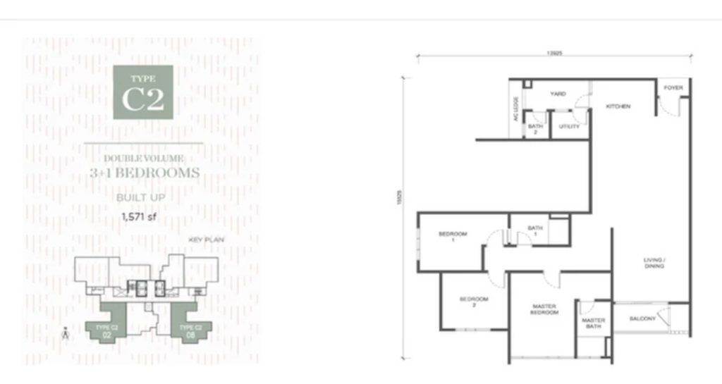 3+1 bedrooms Unit Layout - 1,571 sq ft